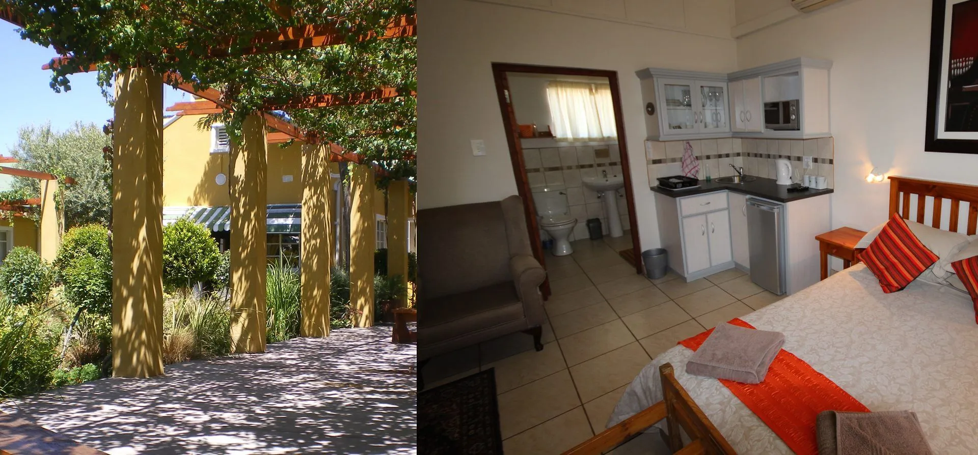 Outdoor walkway and cozy bedroom with kitchenette in a guesthouse