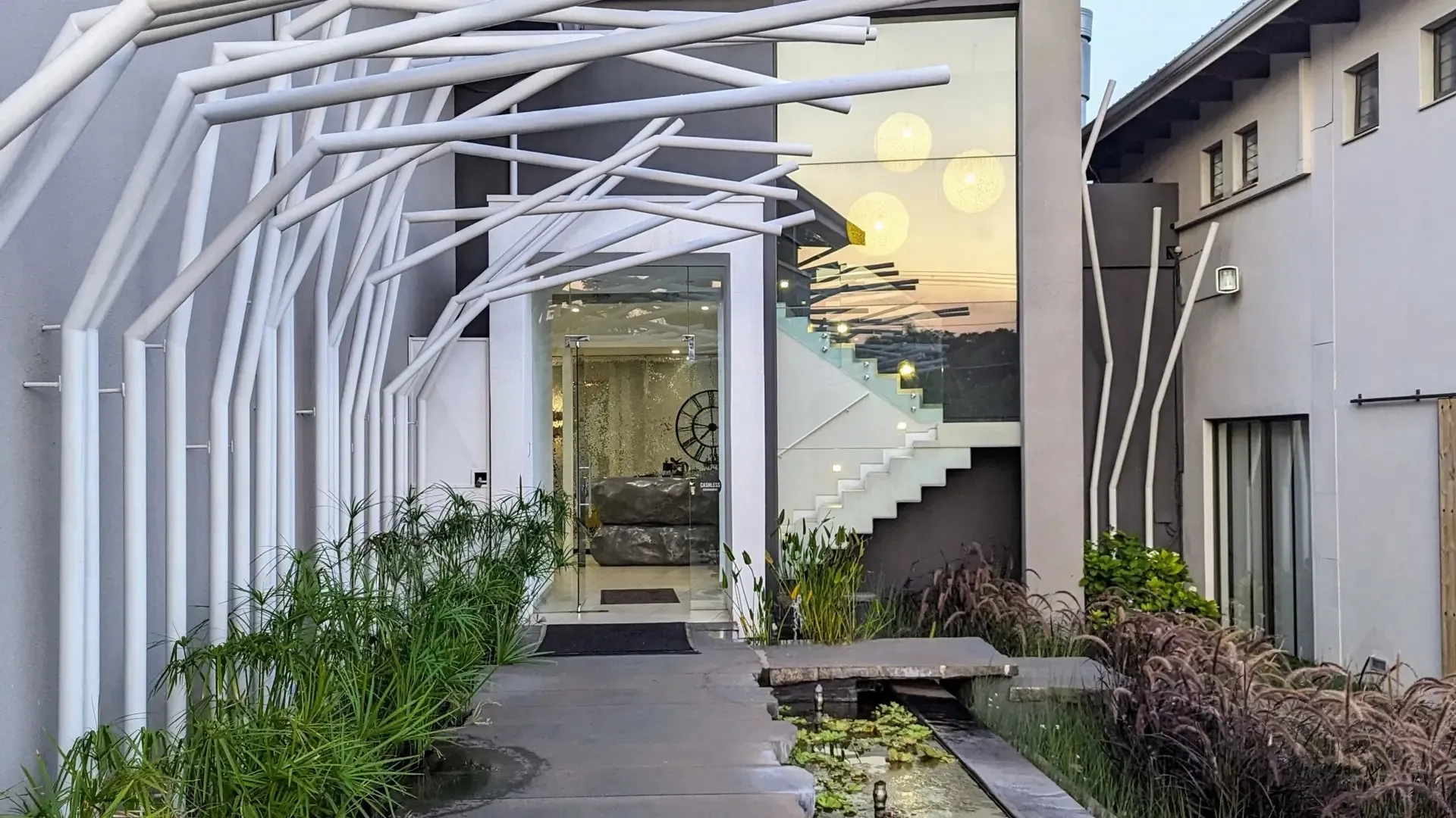 Modern entrance with glass door plants and water feature in a courtyard