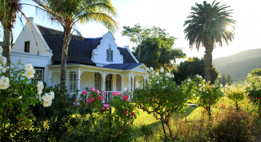 White cottage with a garden palm trees and mountains in the background