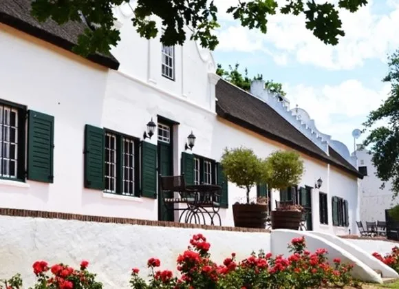 White building with green shutters potted plants and red flowers in foreground