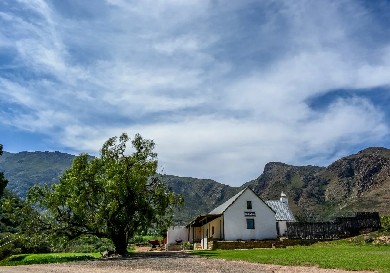 White house with tree in front mountains in background under a blue sky