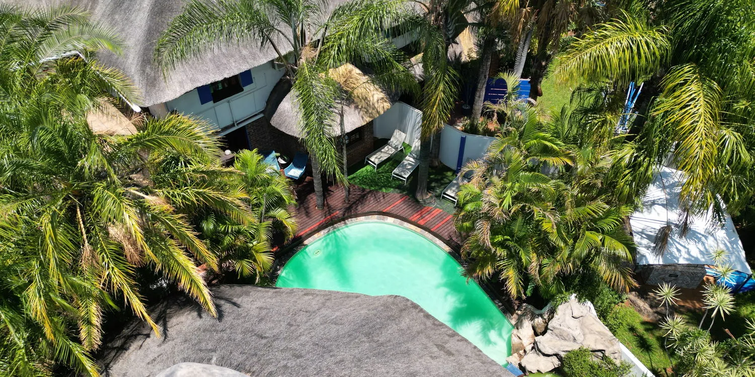 Aerial view of a pool surrounded by palm trees and buildings