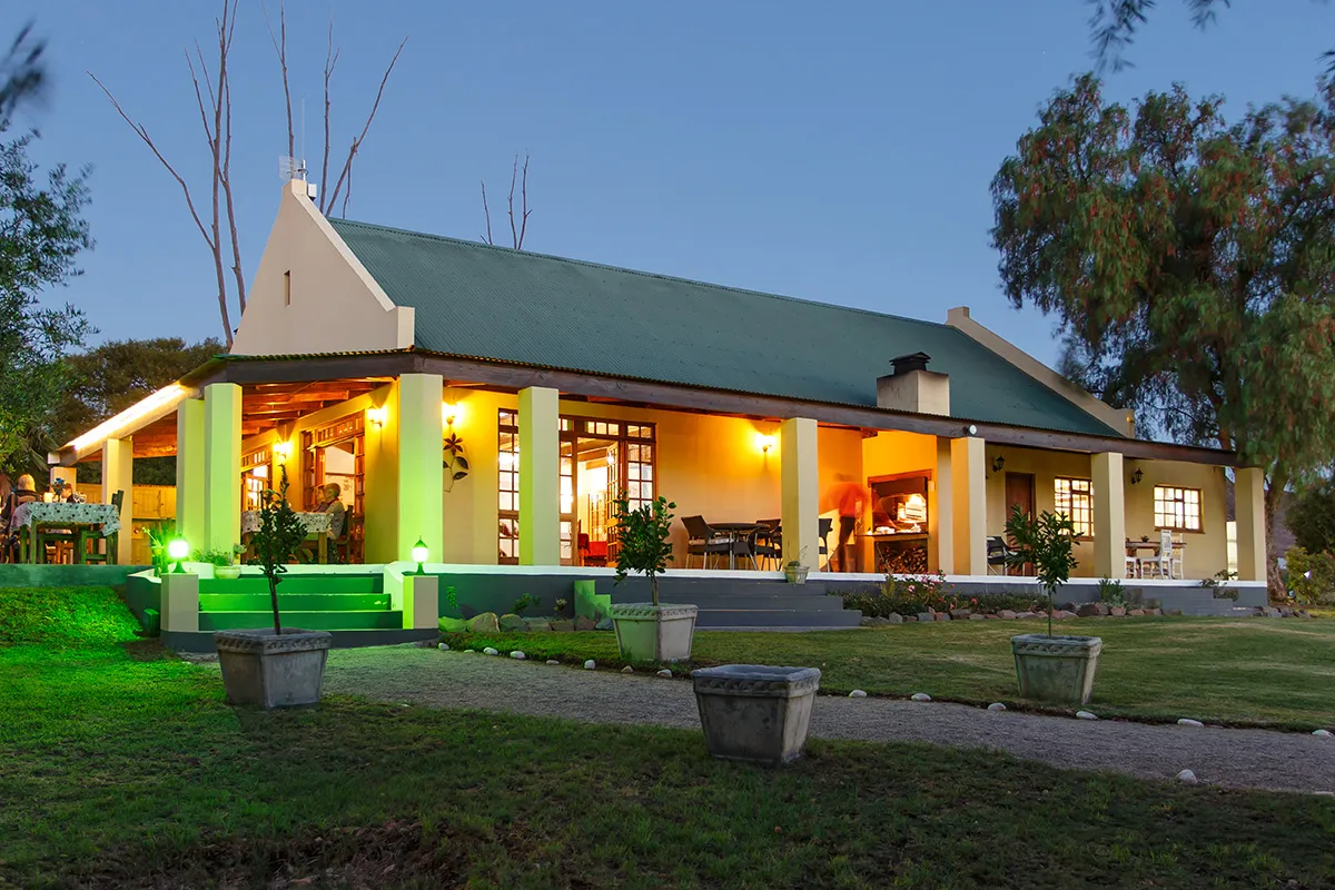 Eveninglit house with a green roof surrounded by trees and potted plants