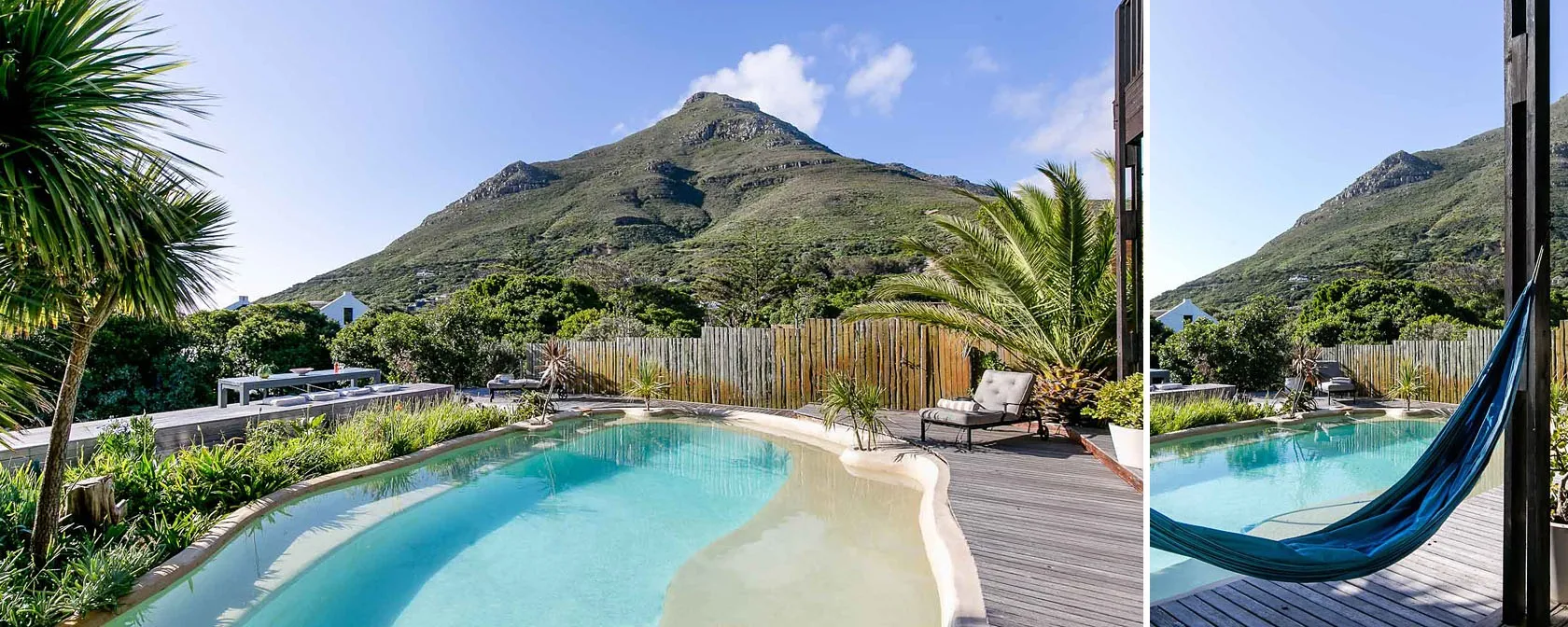 Outdoor pool with mountain view lounge chair and hammock on wooden deck
