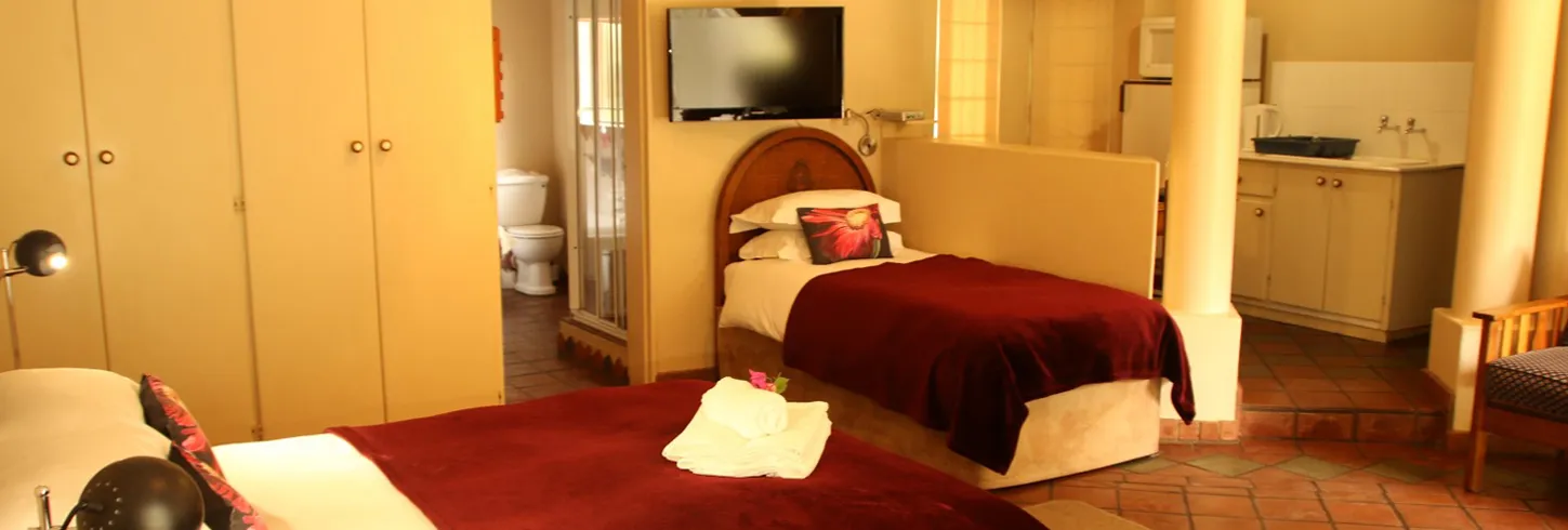 Bedroom with two beds TV wardrobe and sink area with tiled floor