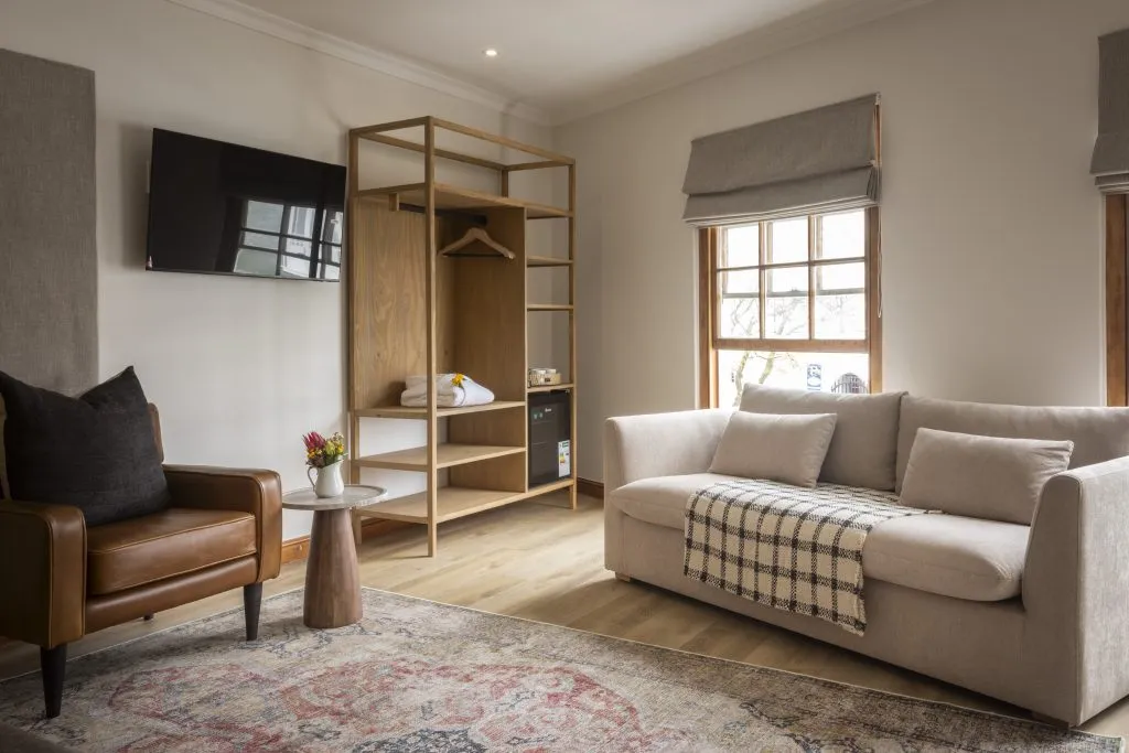 Cozy living room with sofa armchair TV and window with blinds