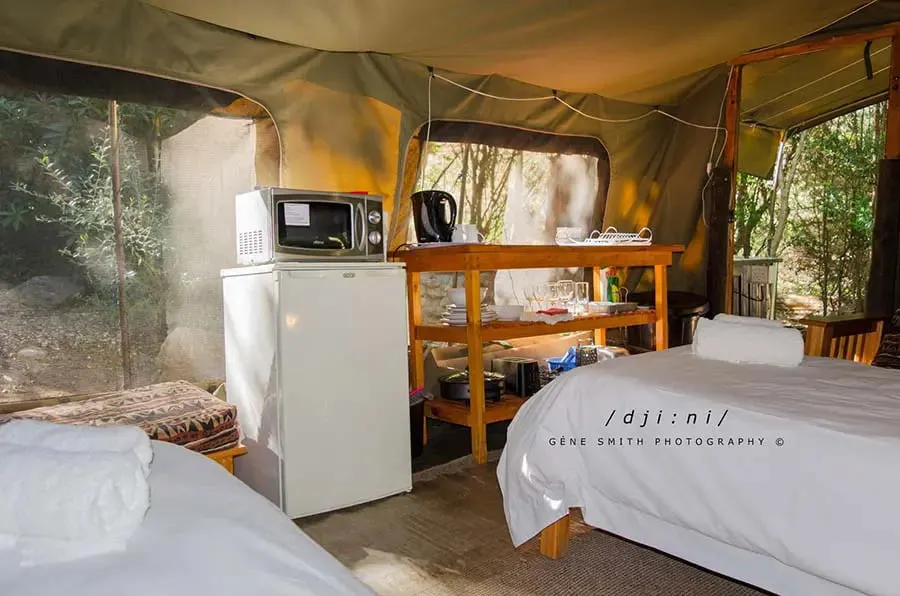 Interior of a tent with two beds a microwave and a small kitchen area