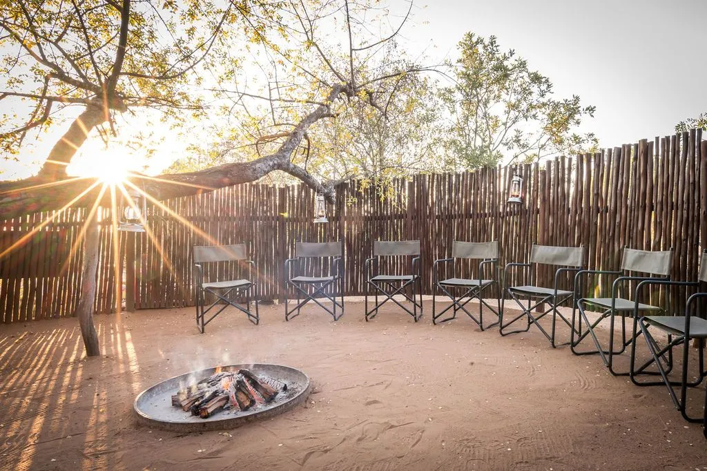 Campfire with chairs arranged in a circle at sunset in a wooded area